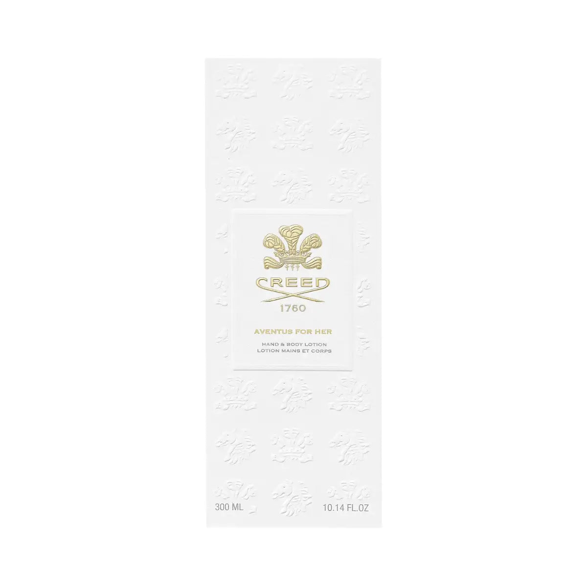 Creed - Aventus for Her - Hand & Body Lotion Verpackung in Weiß mit goldenem Logo und edlem Prägedesign