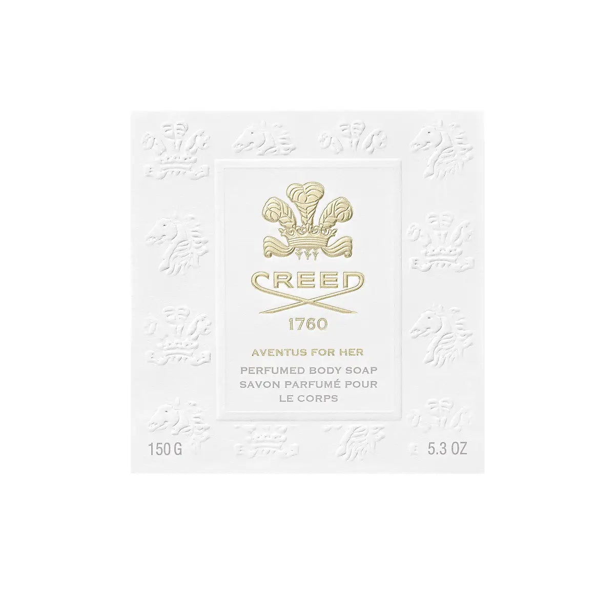 Creed - Aventus for Her - Soap in weißer Verpackung mit erhabenem Logo und goldfarbenem Schriftzug für pflegende Handwäsche
