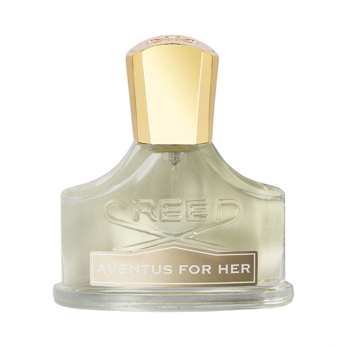 Creed - Aventus for Her Flakon mit transparentem Glas und goldfarbenem Verschluss auf weißem Hintergrund