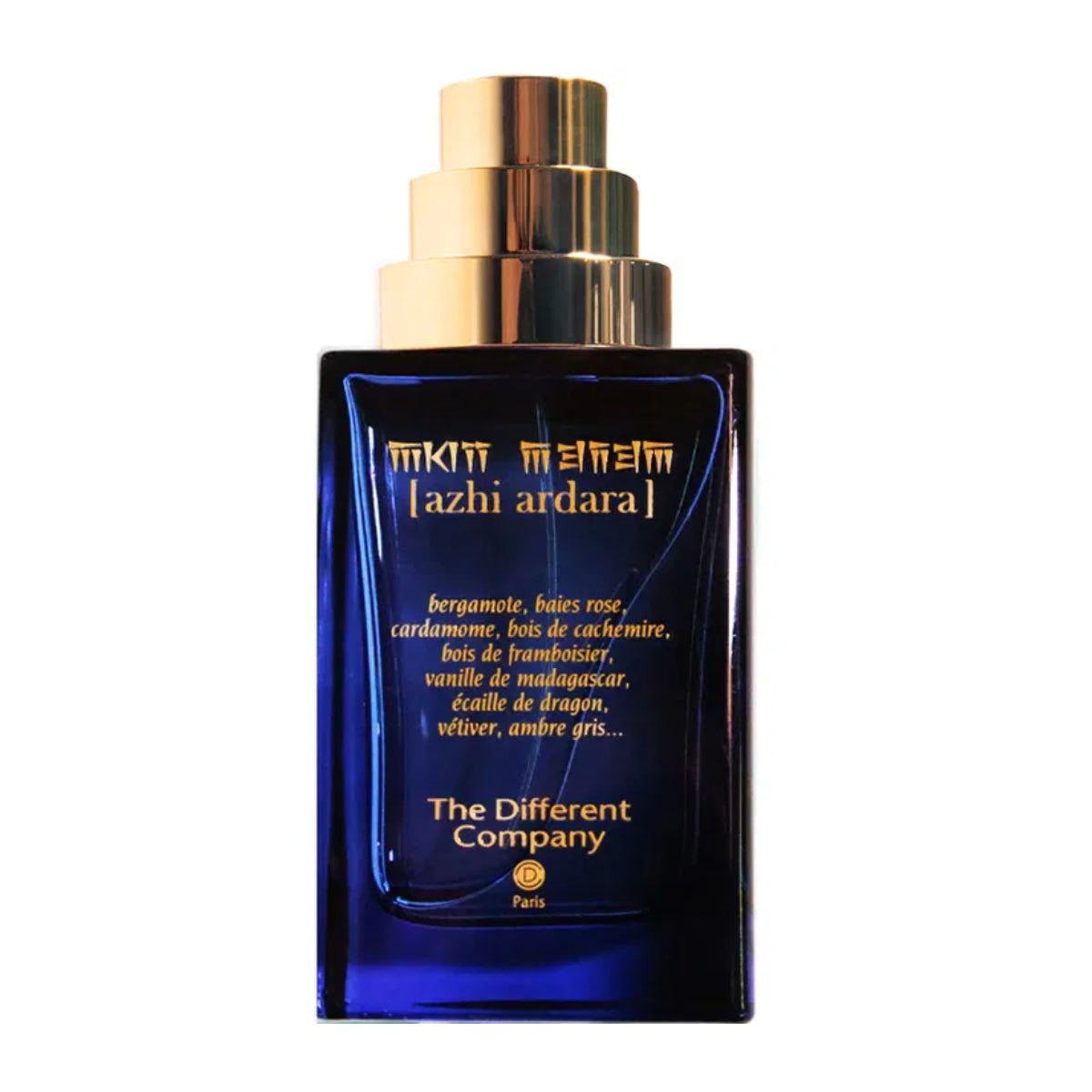 The Different Company - Azhi Ardara Parfumflakon in tiefblauem Glas mit goldenem Verschluss vor weißem Hintergrund