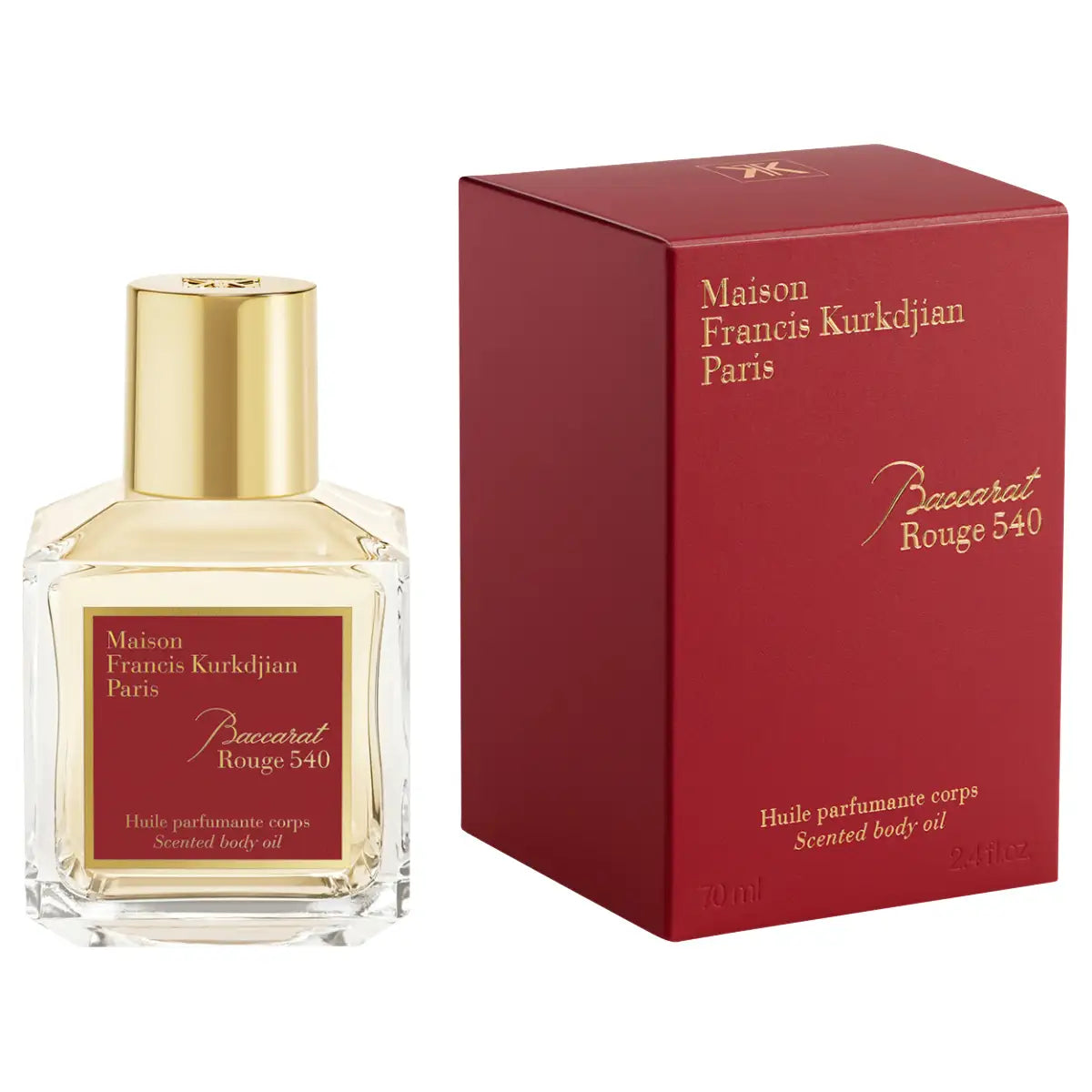 Maison Francis Kurkdjian Paris - Baccarat Rouge 540 - Body Oil in quadratischer Flasche mit goldfarbenem Verschluss und rotem Etikett neben roter Verpackung
