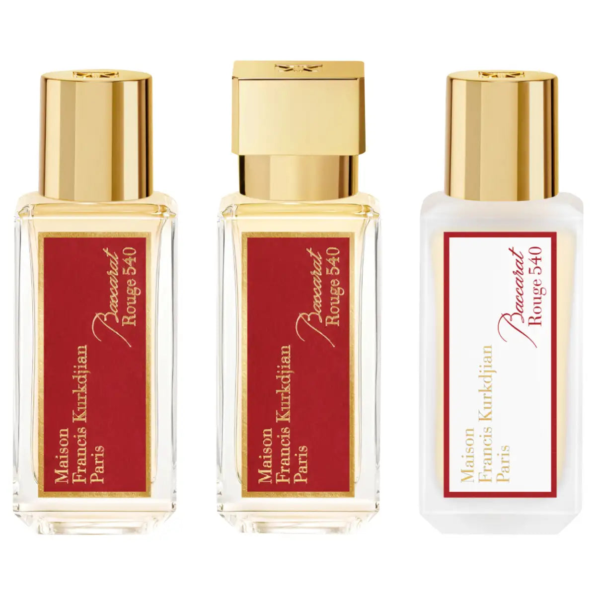 Maison Francis Kurkdjian Paris - Baccarat Rouge 540 - Body Ritual Set mit drei eleganten Parfümflakons in Gold und Rot