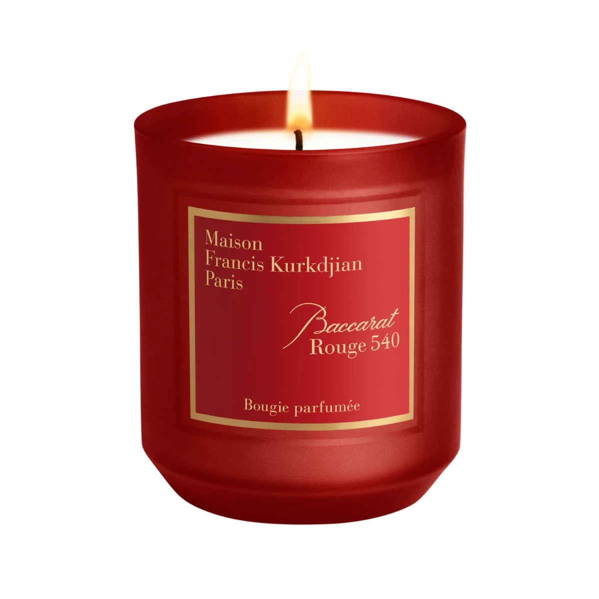 Maison Francis Kurkdjian Paris - Baccarat Rouge 540 - Duftkerze im roten Glas mit goldfarbenem Etikett und brennender Flamme