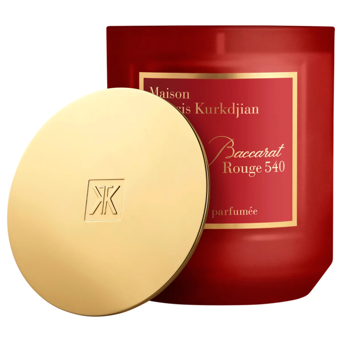 Maison Francis Kurkdjian Paris - Baccarat Rouge 540 - Duftkerze im roten Behälter mit goldenem Deckel elegant präsentiert