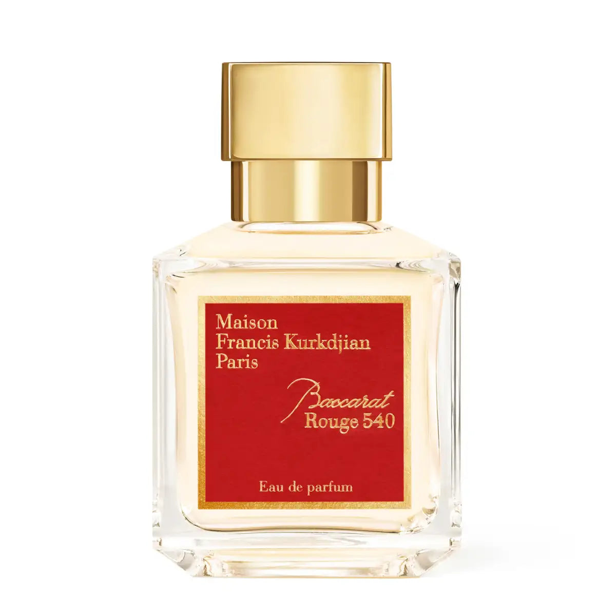 Maison Francis Kurkdjian Paris - Baccarat Rouge 540 eleganter Flakon mit rotem Etikett und goldenem Verschluss vor weißem Hintergrund