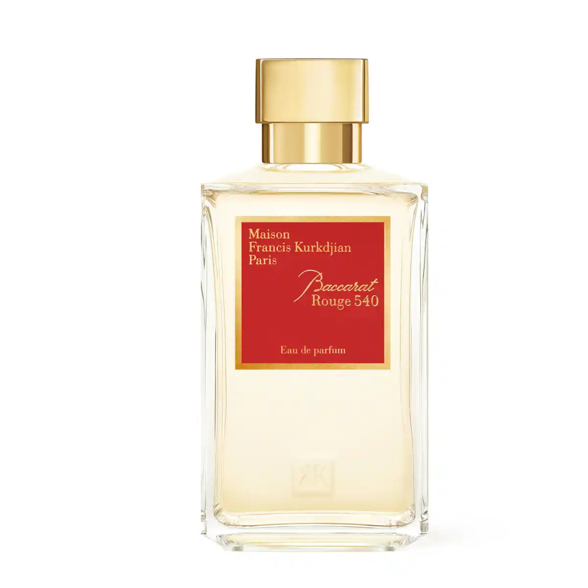 Maison Francis Kurkdjian Paris - Baccarat Rouge 540 klarer Flakon mit rotem Etikett und goldenem Verschluss vor weißem Hintergrund