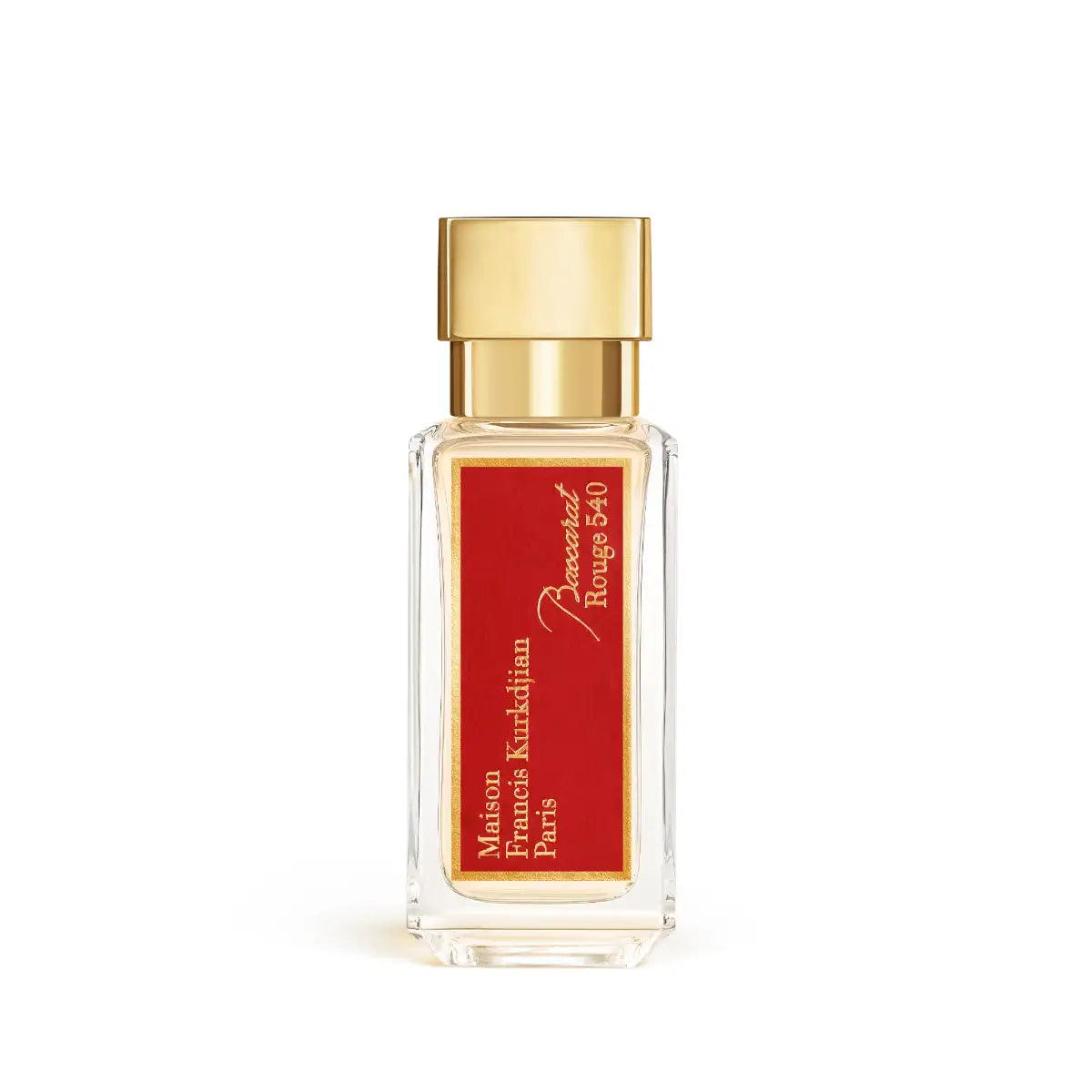 Maison Francis Kurkdjian Paris - Baccarat Rouge 540 klarer Flakon mit rotem Etikett und goldenem Deckel vor hellem Hintergrund
