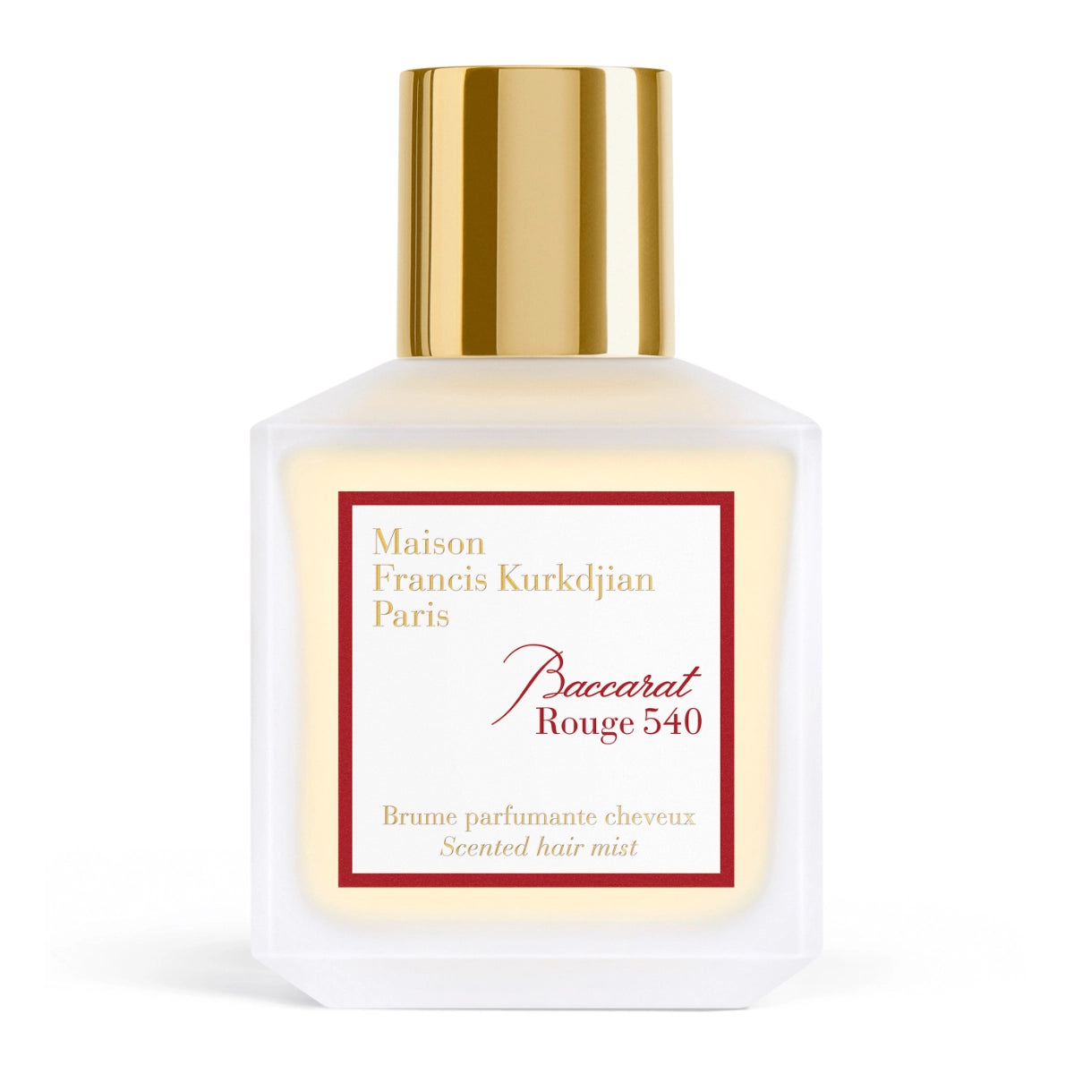 Maison Francis Kurkdjian Paris - Baccarat Rouge 540 - Hair Mist in quadratischer Flasche mit goldenem Verschluss vor weißem Hintergrund
