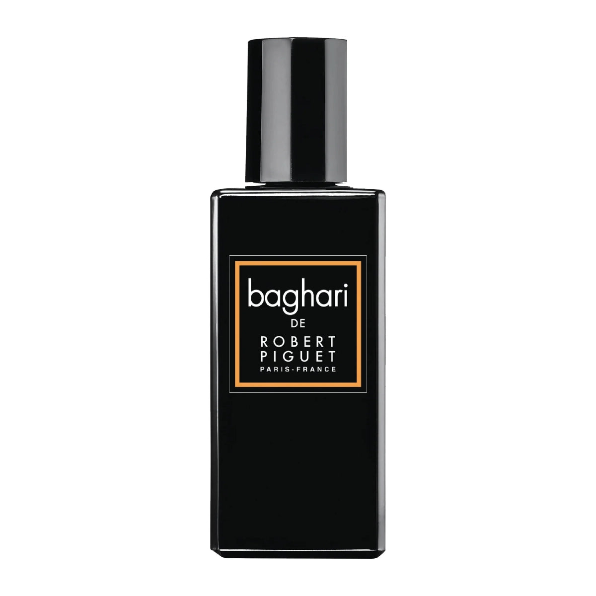 Piguet - Baghari Parfumflakon in elegant schwarzem Design mit rechteckigem Etikett und kubischem Verschluss vor weißem Hintergrund