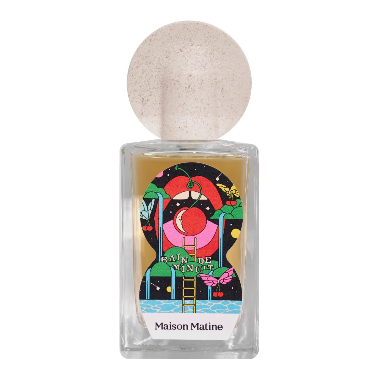 Maison Matine - Night Fever Collection - Bain de Minuit zeigt Flakon mit farbenfrohem Etikett und rundem Verschluss vor weißem Hintergrund