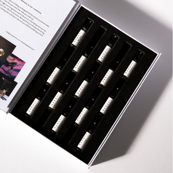 Baruti - Discovery Set - Eau de Parfum mit zehn kleinen Parfumproben in eleganter schwarzer Samteinlage präsentiert
