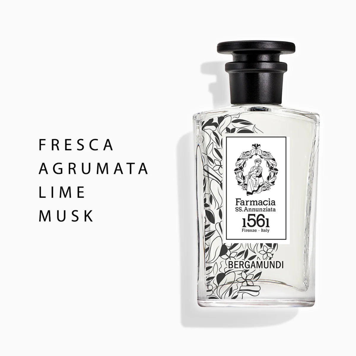 Farmacia SS. Annunziata - Bergamundi Parfumflakon mit schwarzem Deckel und floraler Linienzeichnung auf klarem Glas vor weißem Hintergrund