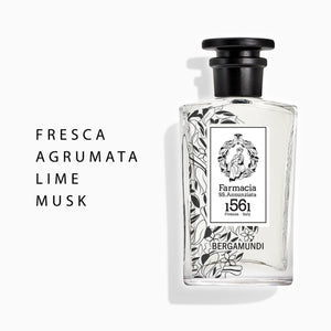 Farmacia SS. Annunziata - Bergamundi Parfumflakon mit schwarzem Deckel und floraler Linienzeichnung auf klarem Glas vor weißem Hintergrund