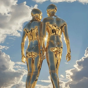 House of Fanatics - Billion Dollar Oud zeigt zwei goldene Figuren vor dramatischem Himmel mit Lichtreflexionen und Wolkenkulisse