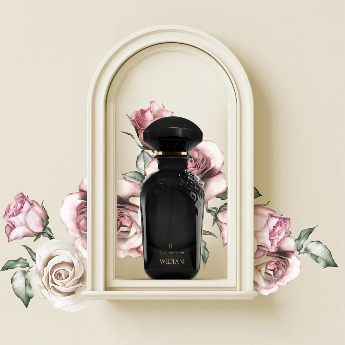 Widian - Black Collection - Black II Parfümflakon in edlem schwarzen Glas vor floralem Hintergrund mit Rosenmotiven