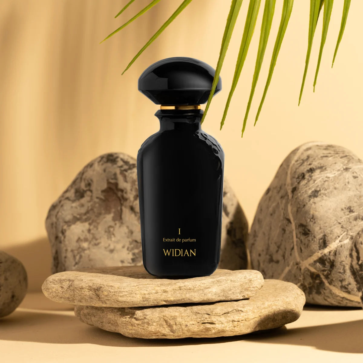 Widian - Black Collection - Black I Parfümflakon in elegantem schwarzem Design auf Naturstein mit Pflanzenblatt im Hintergrund