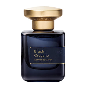 Atelier Materi - Black Oregano zeigt eleganten, dunkelblauen Flakon mit goldenem Verschluss vor weißem Hintergrund