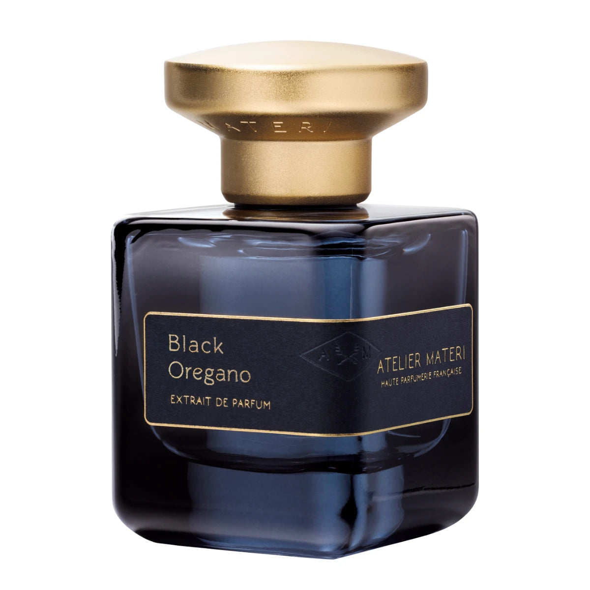 Atelier Materi - Black Oregano zeigt eleganten, dunkelblauen Flakon mit goldenem Deckel und feinem Etikett