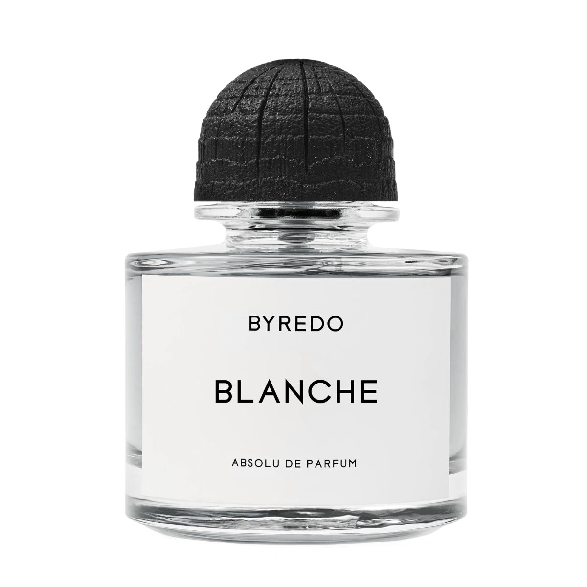 Byredo - Blanche - Absolu de Parfum Flakon mit klarem Glas und schwarzem, texturiertem Deckel vor weißem Hintergrund