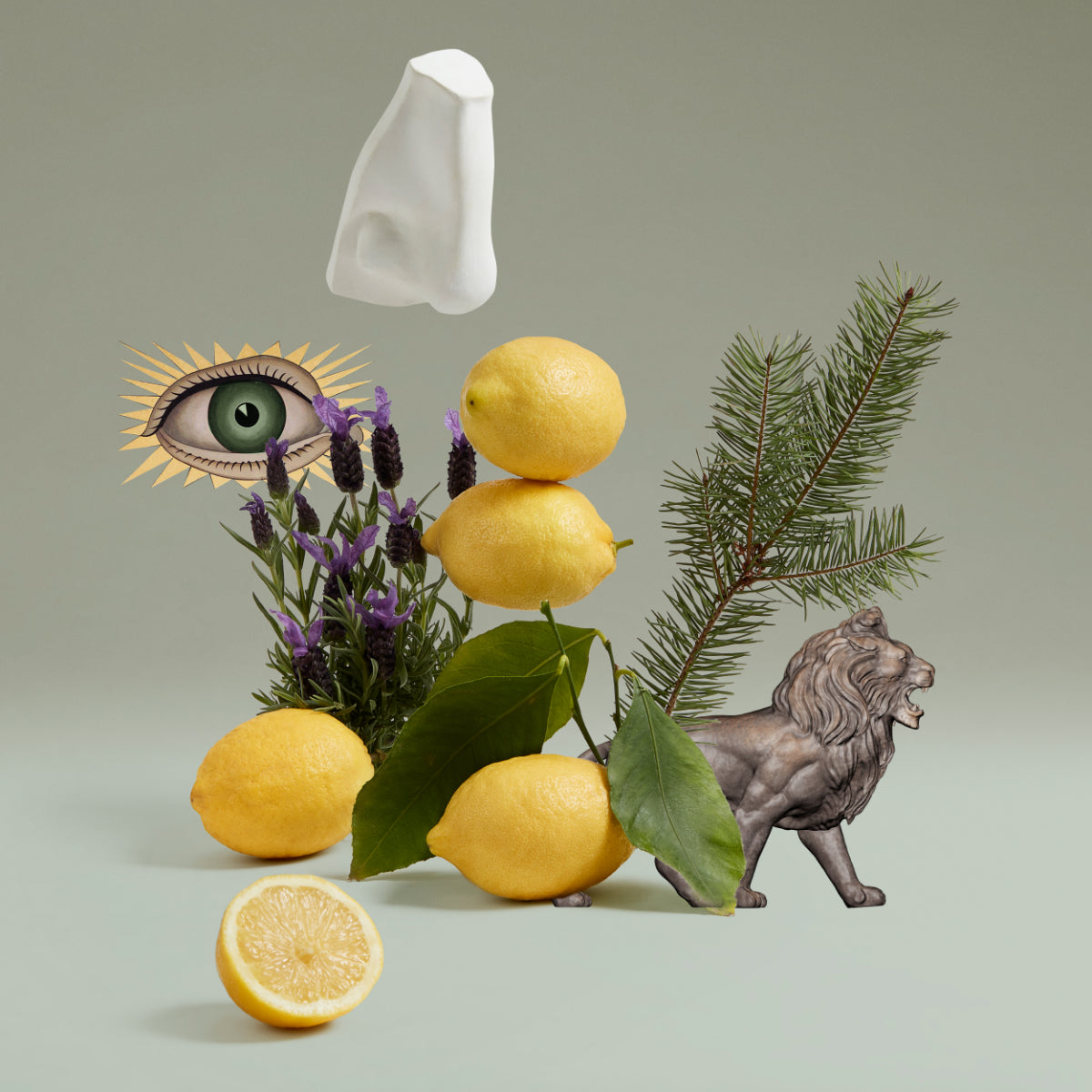 Surreal arrangement of lemons, lavender flowers, pine branch, illustrated eye and nose, and small lion statue on gray background