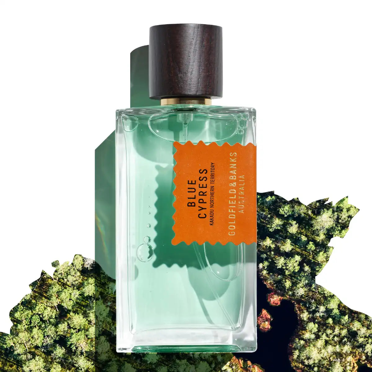 Goldfield & Banks - Native Collection - Blue Cypress Parfumflakon mit kobaltblauer Flüssigkeit und dunklem Holzverschluss vor Naturszenerie