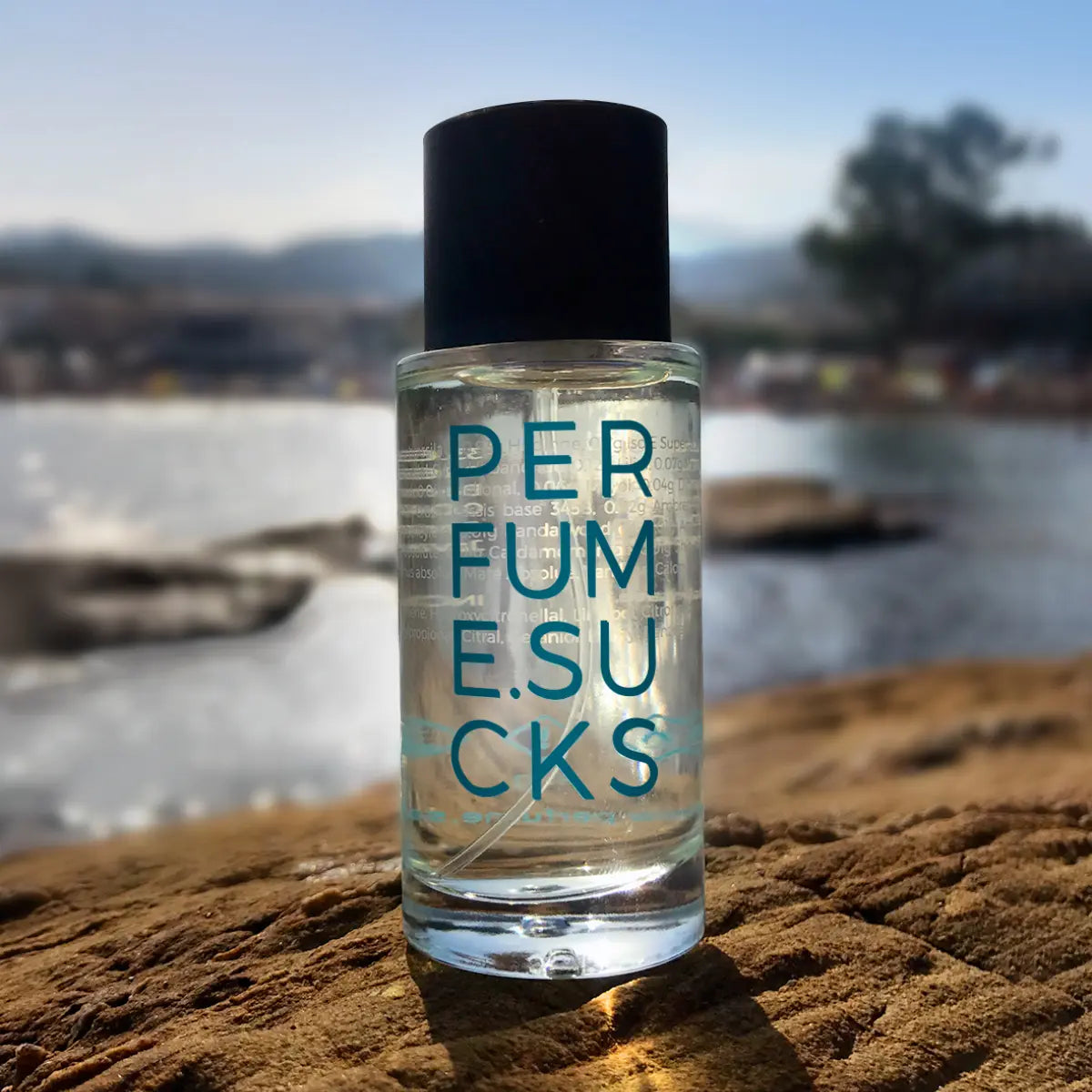 PERFUME.SUCKS - Blue 3135C Parfumflakon mit schwarzem Verschluss und türkisblauer Schrift vor Wasser und Felsen im Hintergrund