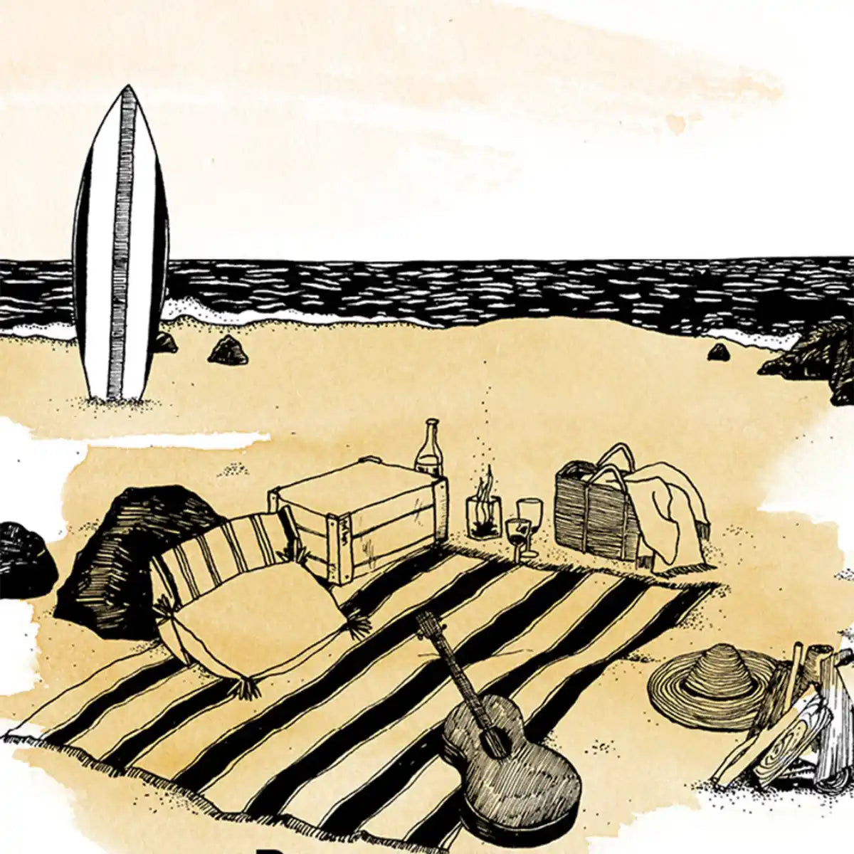 Une Nuit Nomade - Une Nuit a Montauk - Bohemian Soul Illustration eines entspannten Strandpicknicks mit Surfbrett und Gitarre