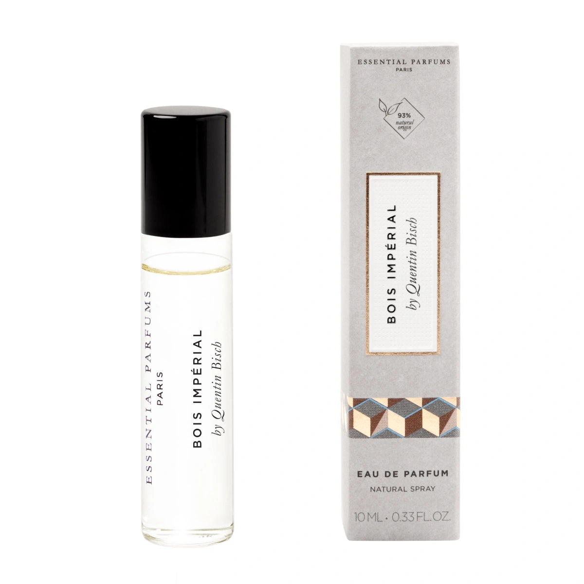 Essential Parfums - Bois Impérial Roll-On Flakon mit schwarzem Deckel und minimalistischer Verpackung vor weißem Hintergrund