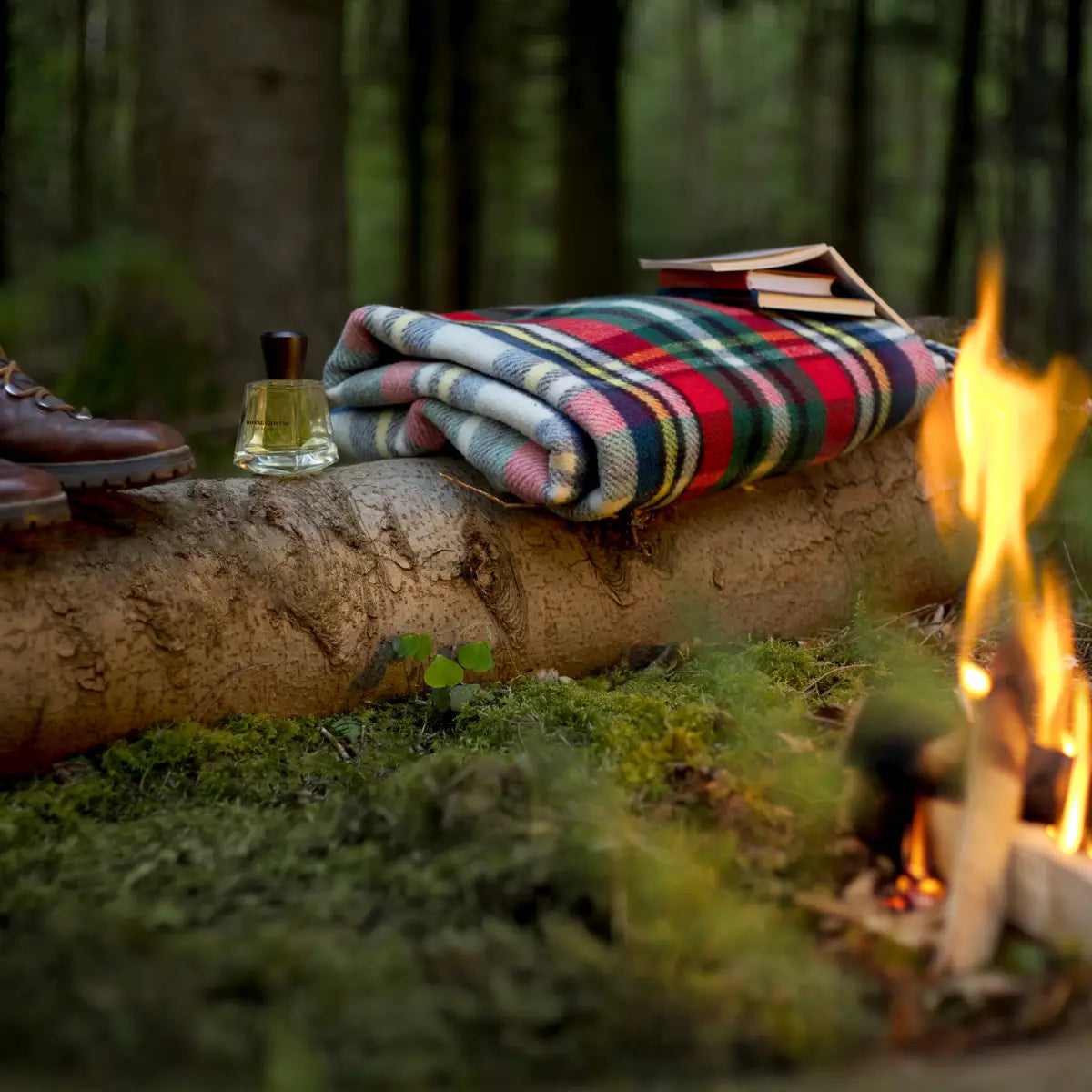 Frapin - Bonne Chauffe Flakon neben Karodecke und Büchern auf Baumstamm im Wald bei offenem Feuer