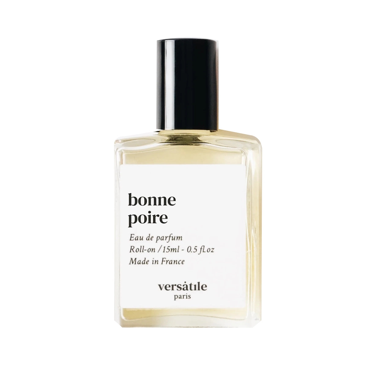 Versatile - Bonne Poire Roll-on Parfumflakon mit schwarzem Verschluss und klarem, schlichtem Design auf weißem Hintergrund