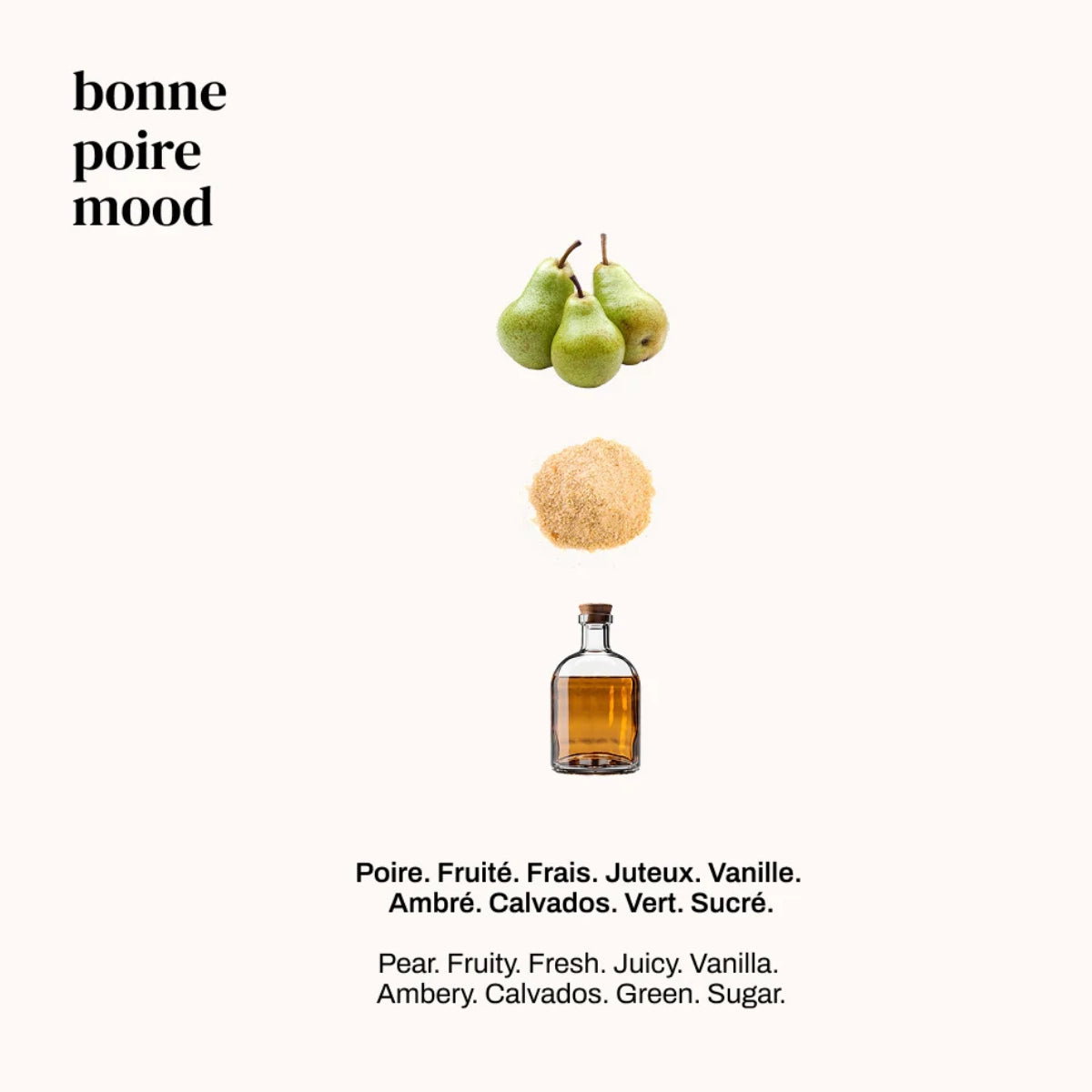 Versatile - Bonne Poire zeigt grüne Birnen, braunen Zucker und Calvados in minimalistischem Layout auf hellem Hintergrund