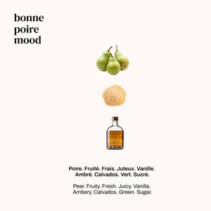 Versatile - Bonne Poire zeigt grüne Birnen, braunen Zucker und Calvados in minimalistischem Layout auf hellem Hintergrund