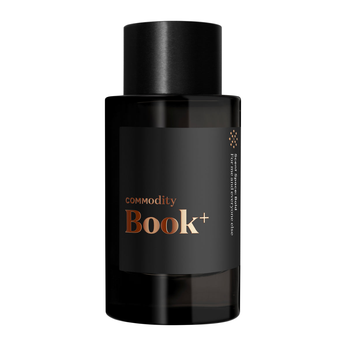 Commodity - Book+ Parfumflakon mit schwarzem Etikett und modernem Design vor weißem Hintergrund