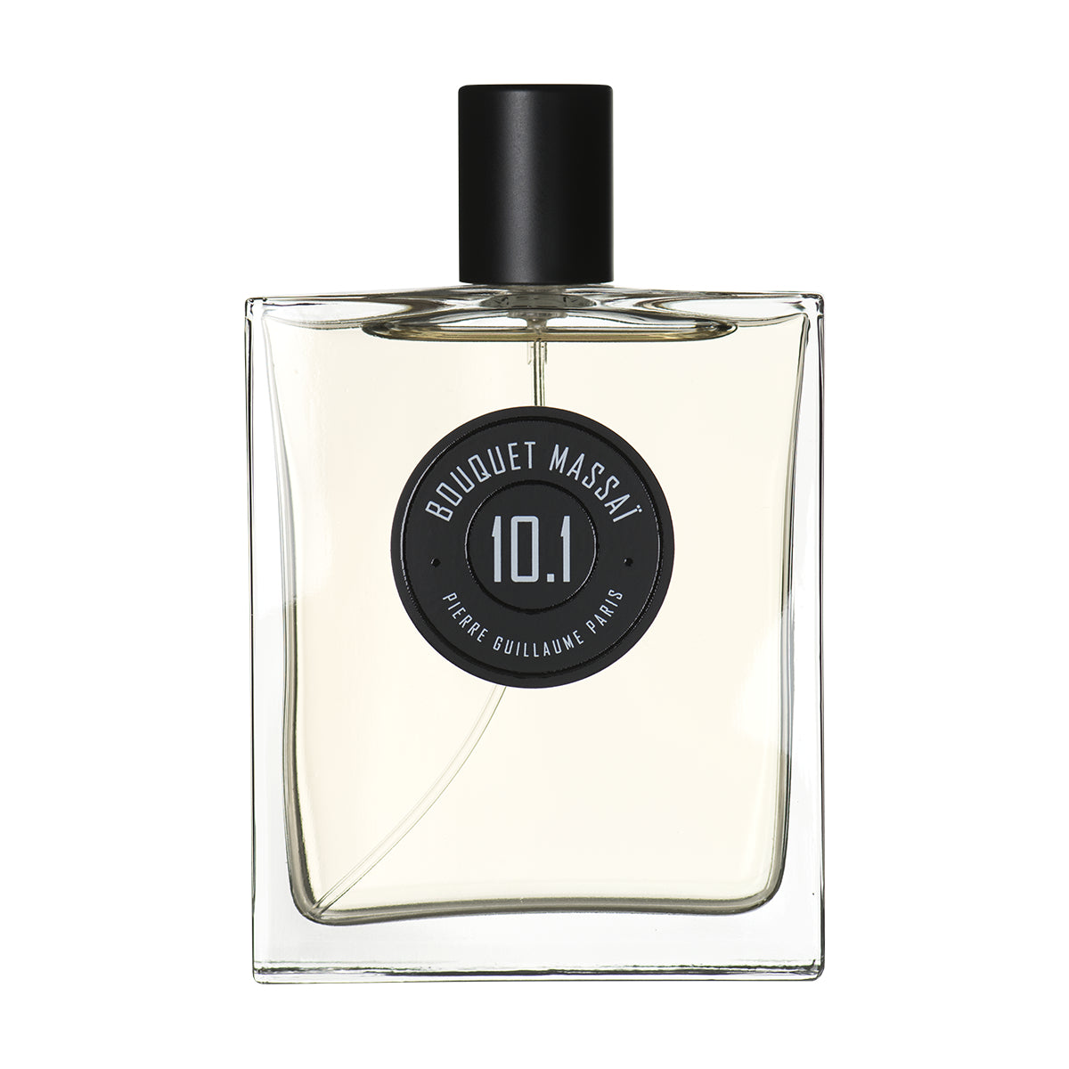 Pierre Guillaume - Bouquet Massaï No.10.1 klarer Parfumflakon mit schwarzem Verschluss und rundem Etikett vor weißem Hintergrund