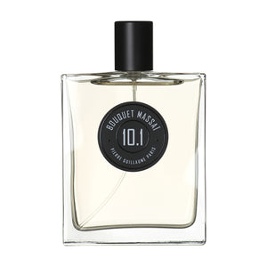 Pierre Guillaume - Bouquet Massaï No.10.1 klarer Parfumflakon mit schwarzem Verschluss und rundem Etikett vor weißem Hintergrund