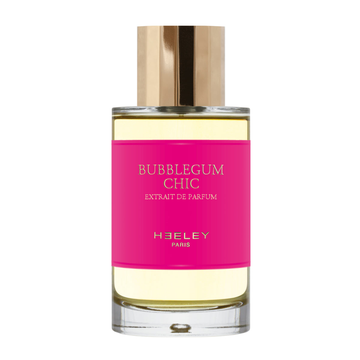Heeley - Bubblegum Chic - Pink Edition Parfumflakon mit leuchtend pinkem Etikett und goldenem Verschluss auf weißem Hintergrund