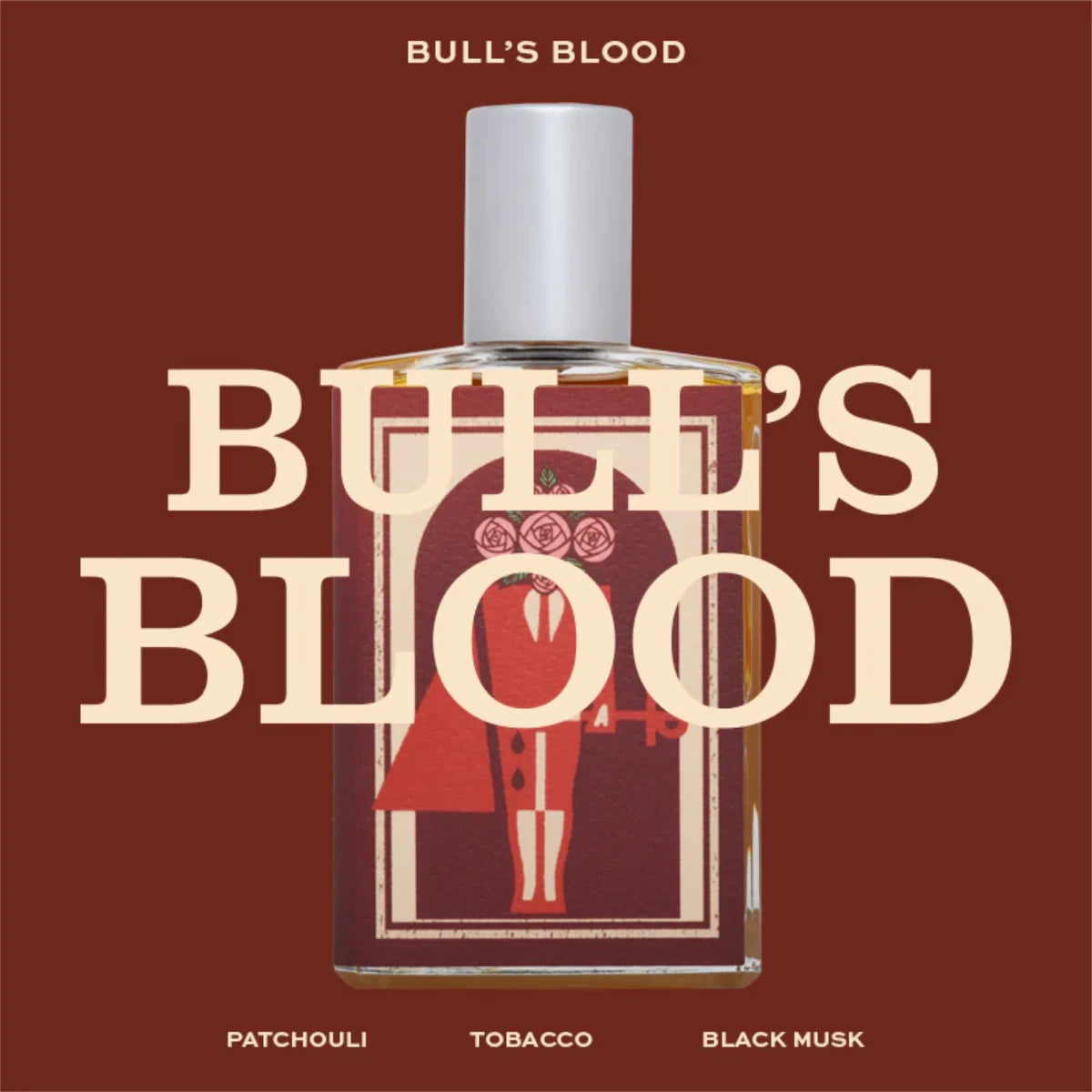 Imaginary Authors - Bull's Blood 2nd Edition Parfumflakon mit stilisiertem rotem Etikett auf braunem Hintergrund