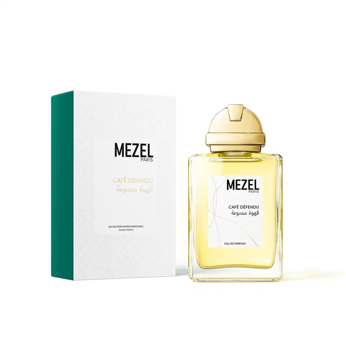 Mezel Paris - Café Défendu Parfumflakon mit goldfarbenem Verschluss und edler Verpackung vor weißem Hintergrund