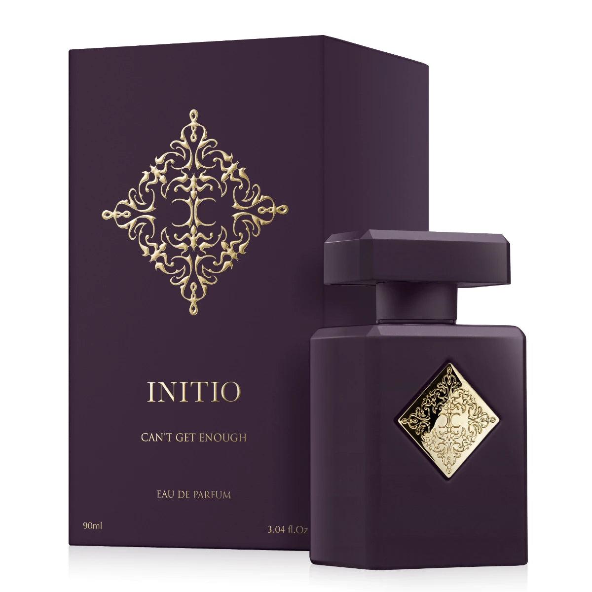 Initio - Carnal Blend - Can't get Enough Parfumflakon in elegantem, tiefviolettem Design mit goldenem Ornament und Verpackung