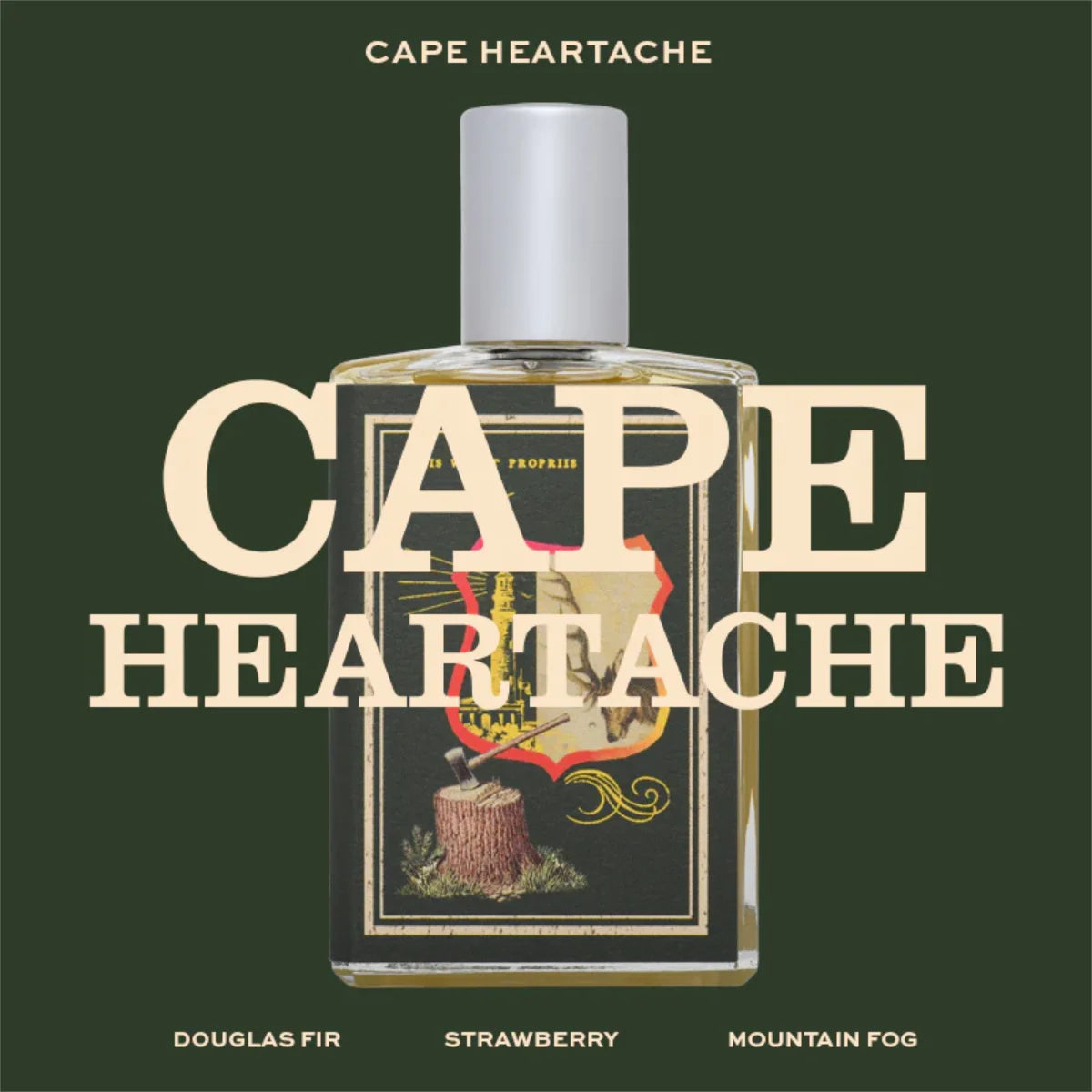 Imaginary Authors - Cape Heartache edler Parfumflakon mit verspieltem Etikett und mattem Verschluss vor dunkelgrünem Hintergrund