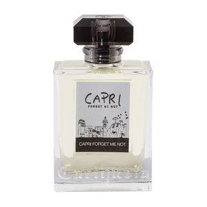 Carthusia - Capri Forget me Not Parfumflakon mit klarem Glas und stilisierter Capri-Illustration auf weißem Hintergrund
