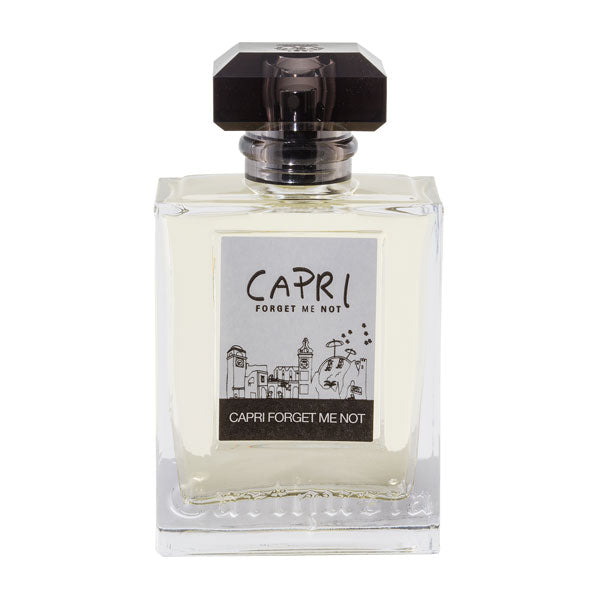 Carthusia - Capri Forget me Not Parfumflakon mit klarem Glas und stilisierter Capri-Illustration auf weißem Hintergrund