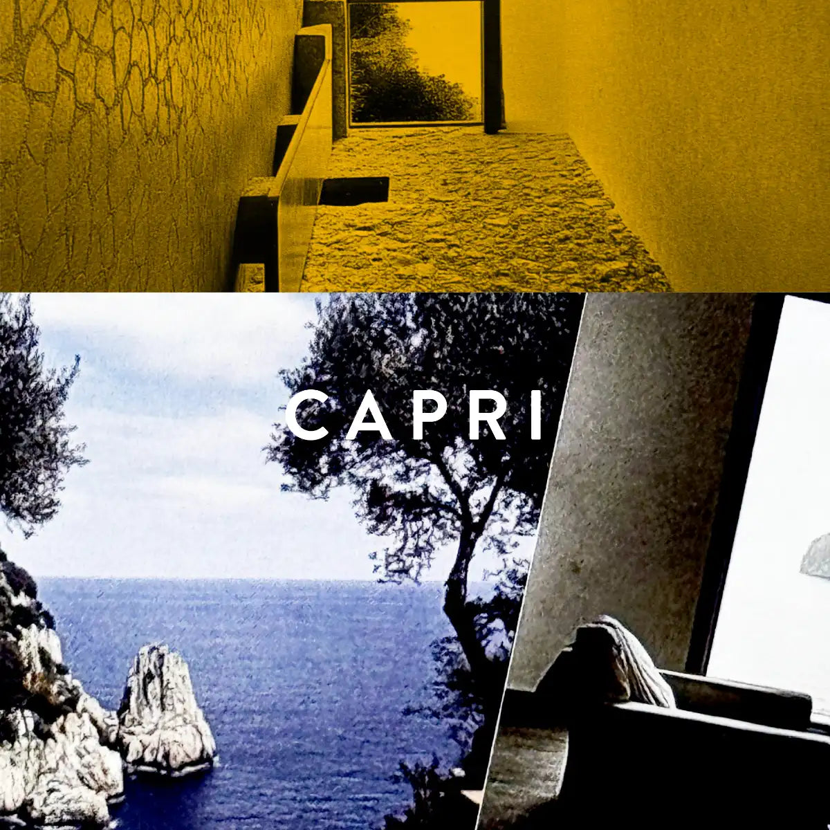 19-69 - Capri Collage mit mediterraner Landschaft, Meerblick und architektonischen Details in warmen Farben