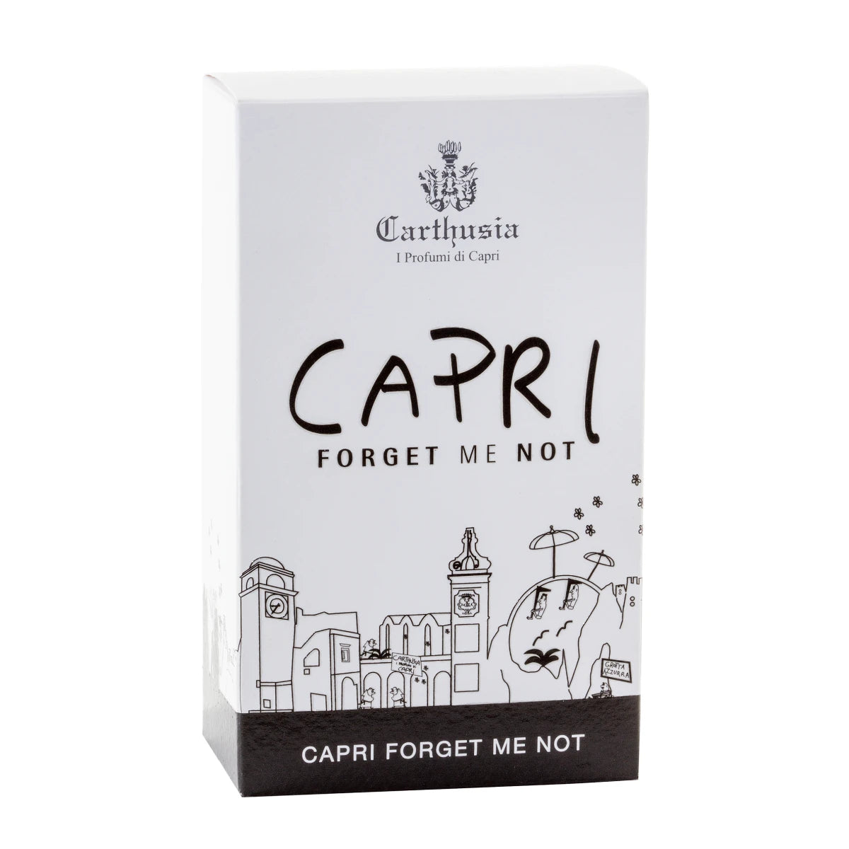 Carthusia - Capri Forget me Not Verpackung mit stilisierter Capri-Skyline in Schwarz-Weiß auf weißem Hintergrund