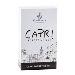 Carthusia - Capri Forget me Not Verpackung mit stilisierter Capri-Skyline in Schwarz-Weiß auf weißem Hintergrund