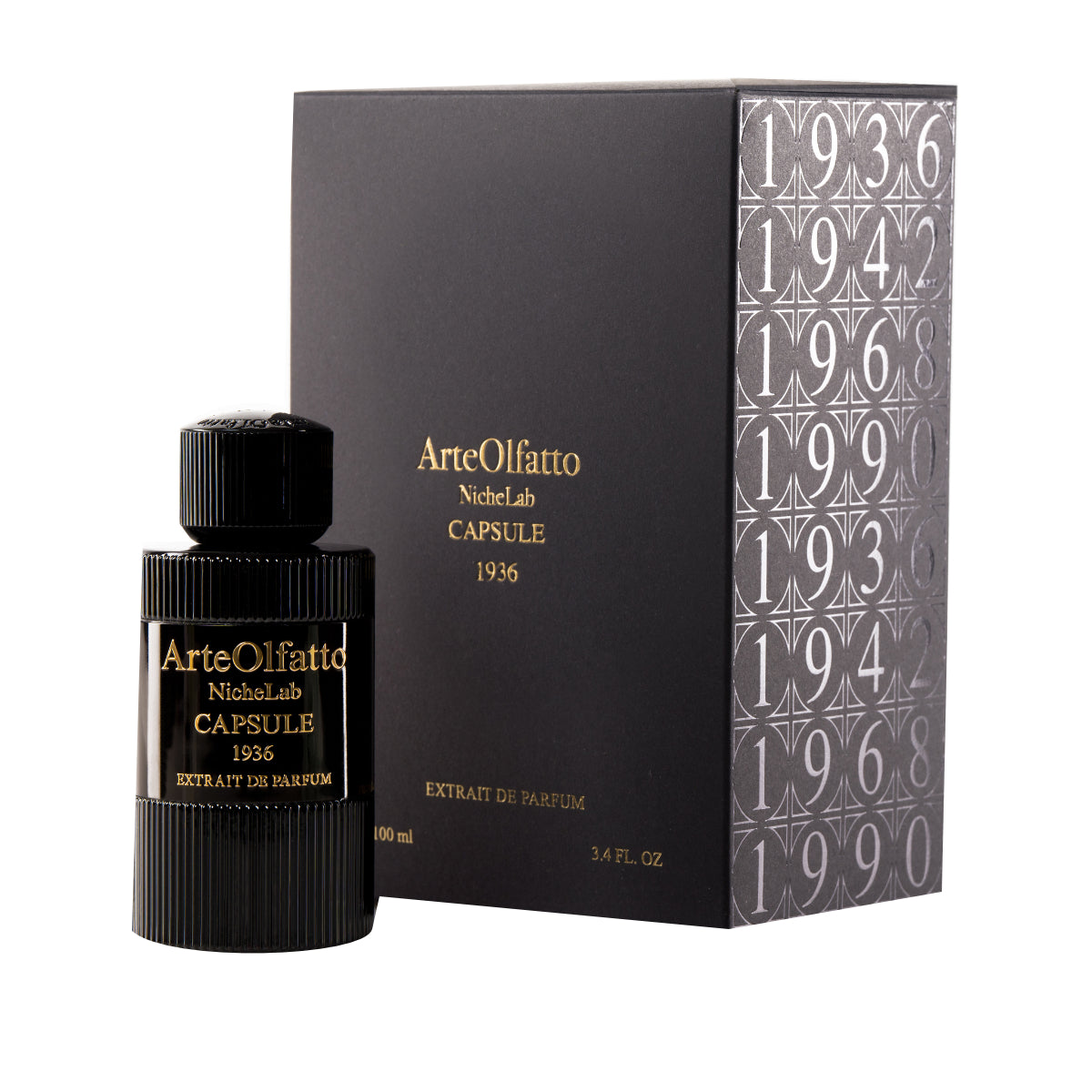 ArteOlfatto - Capsule 1936 Parfumflakon in schwarzem geriffeltem Design mit edler goldener Schrift vor passender Verpackung