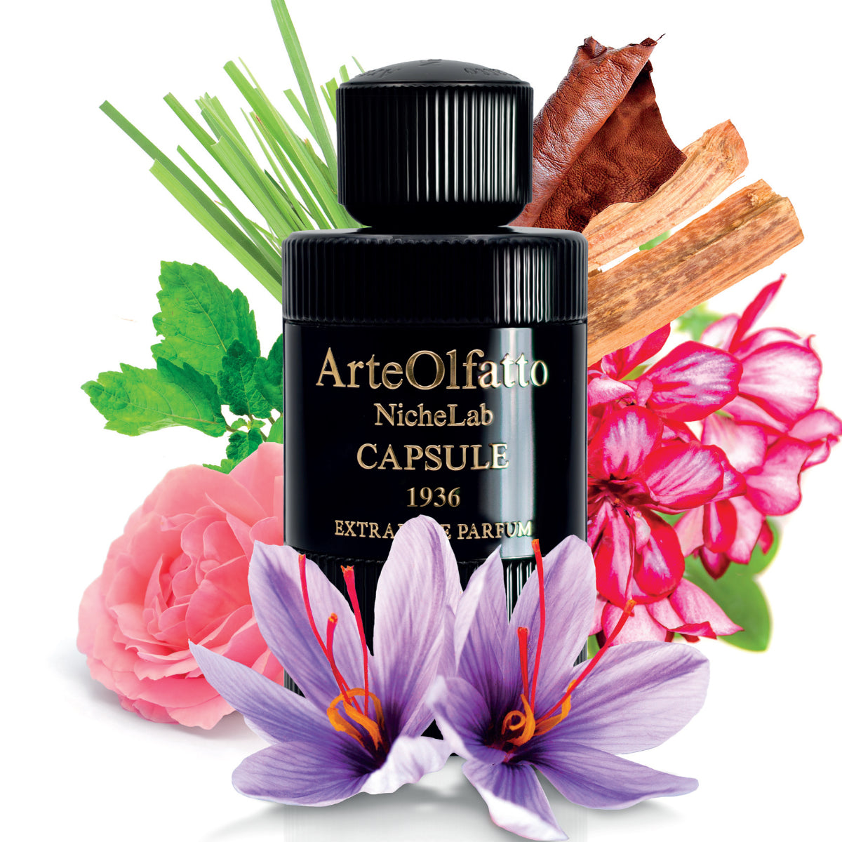 ArteOlfatto - Capsule 1936 Parfumflakon in schwarzem Design umgeben von Blüten und Gewürznoten elegant inszeniert