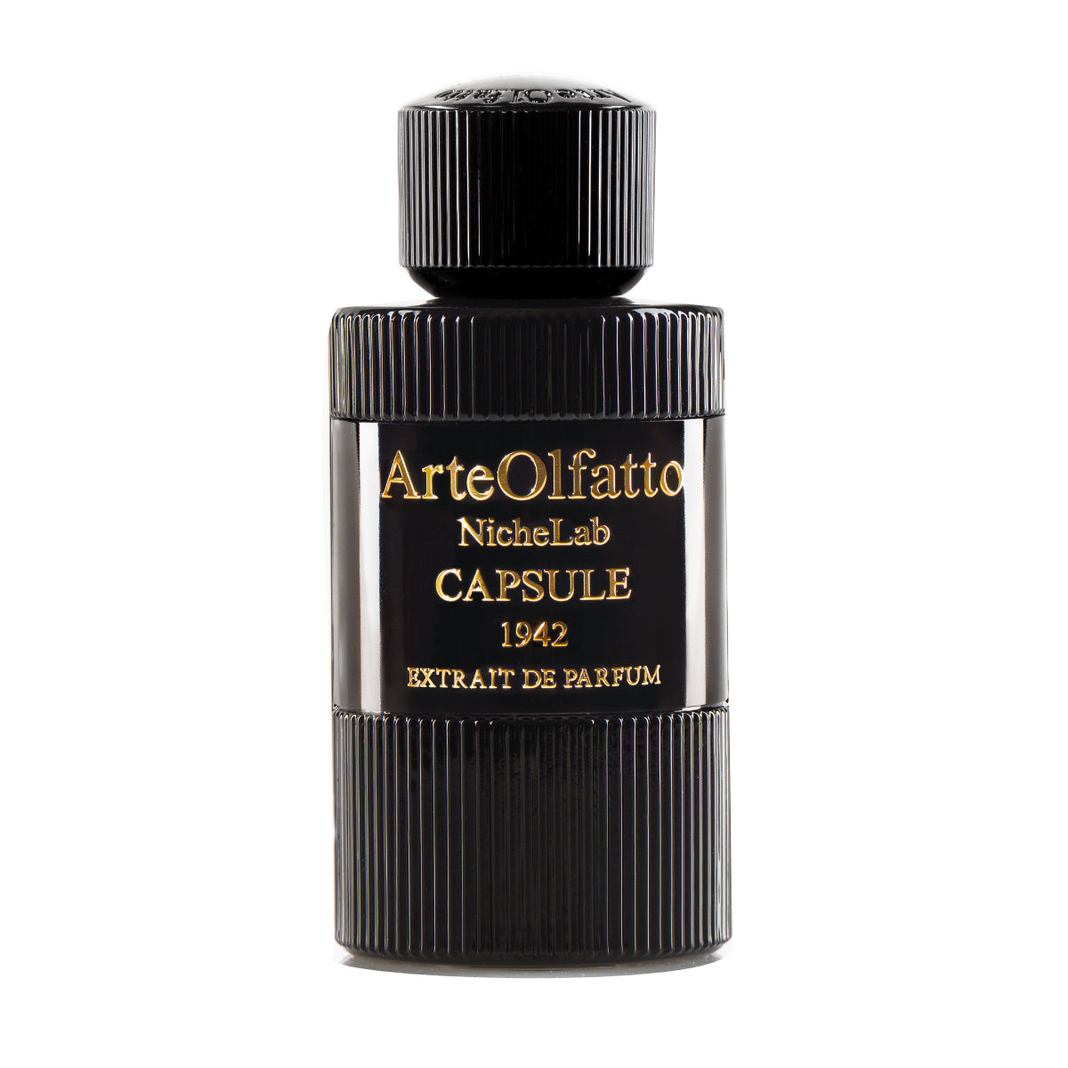 ArteOlfatto - Capsule 1942 Parfumflakon in schwarzem geriffeltem Design mit goldener Prägung vor weißem Hintergrund