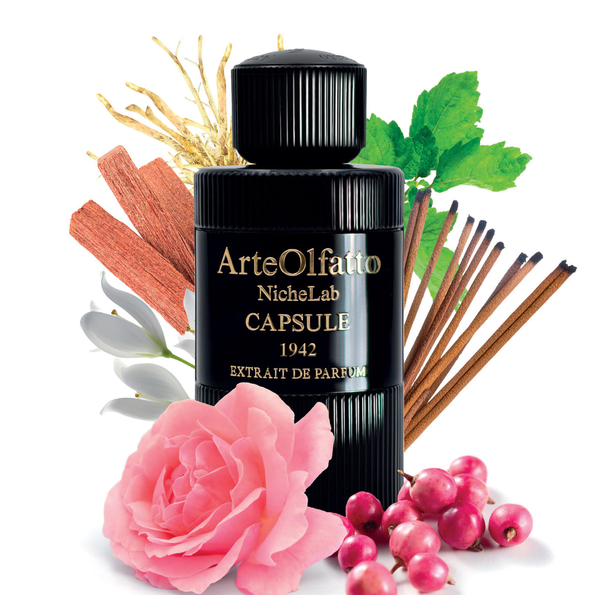 ArteOlfatto - Capsule 1942 Parfümflakon in elegantem schwarzen Design umgeben von Rose, Hölzern und Gewürzen präsentiert