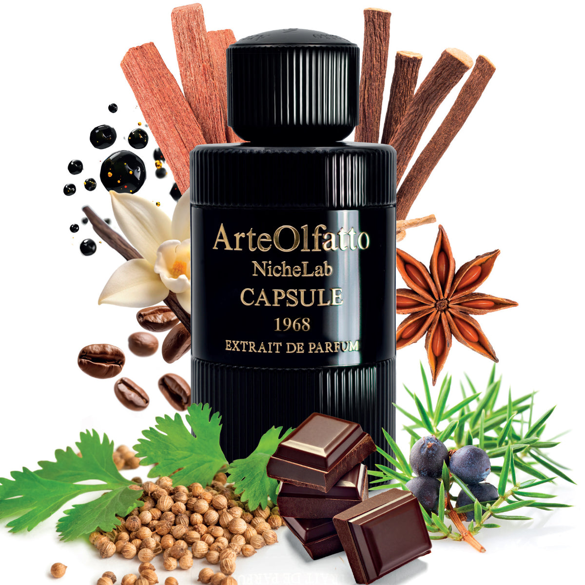 ArteOlfatto - Capsule 1968 Parfüm in schwarzem Flakon umgeben von Gewürzen und Schokoladenelementen elegant präsentiert
